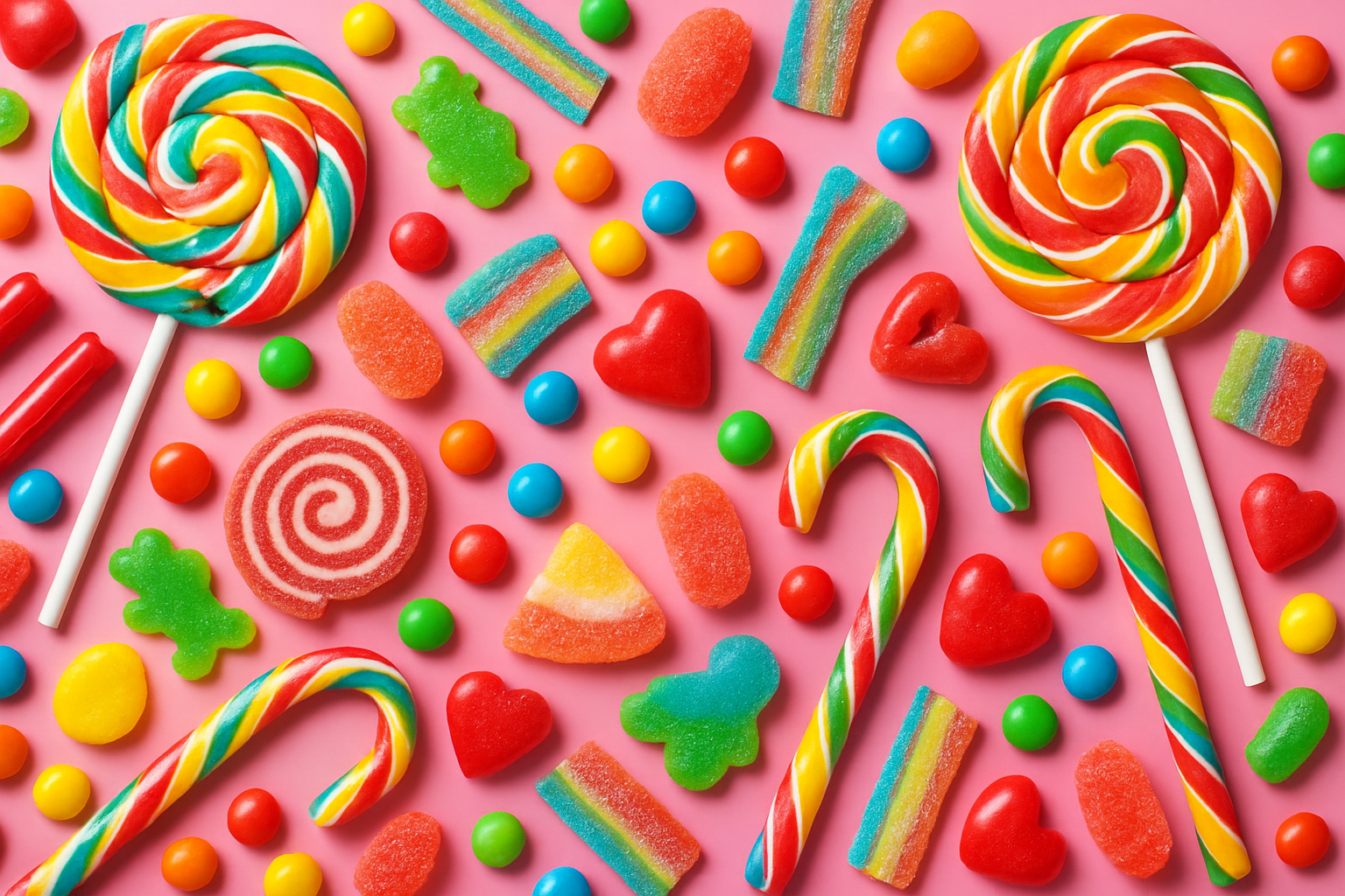 I would like to have a bright pink background with different types of bright candy overlaying I would like to have a bright pink background with different types of bright candy overlaying