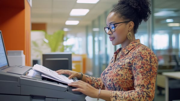 Business office showcases a woman operating a photocopier while focusing on printing and copying documents.