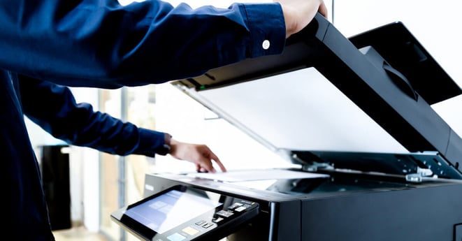 Business man Hand press button on panel of printer, printer scanner laser office copy machine supplies start concept