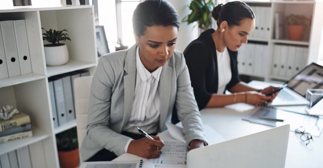 Paperwork, writing or businesswoman on laptop for administration, networking website or internet. Documents, online info or public relations officer on technology for planning or research project.