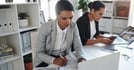 Paperwork, writing or businesswoman on laptop for administration, networking website or internet. Documents, online info or public relations officer on technology for planning or research project.