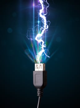 Electric cable close-up with glowing electricity lightning