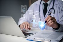 Doctor hand using digital medical record system on virtual screen, health data management, patient information, healthcare technology, telemedicine, hospital administration.